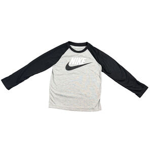 Nike Shirt Boys L Gray Black Long Sleeve Big Logo Swoosh Athletic